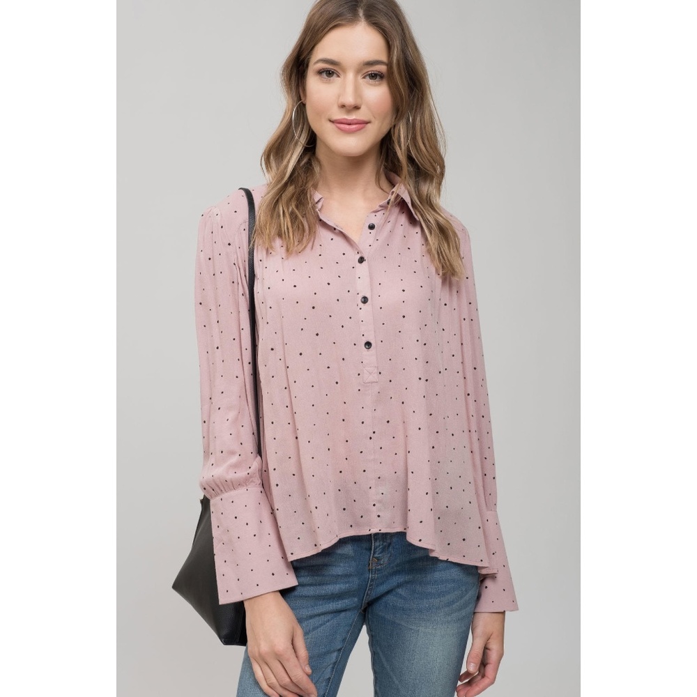 Collared Polka Dot Top with Button Detail Mauve - Picture 3 of 6